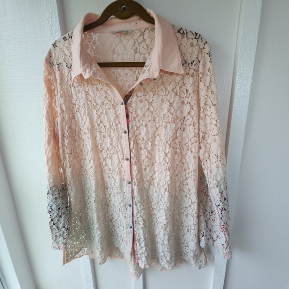 Soft Surroundings Aurelie Dip Dye Eyelet Ombre Lace Button Down Tunic Size Large - Picture 2 of 16